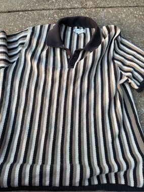 Aeropostale Men’s Cotton Knit Vertical Stripe Polo Shirt Brown Cream Size L